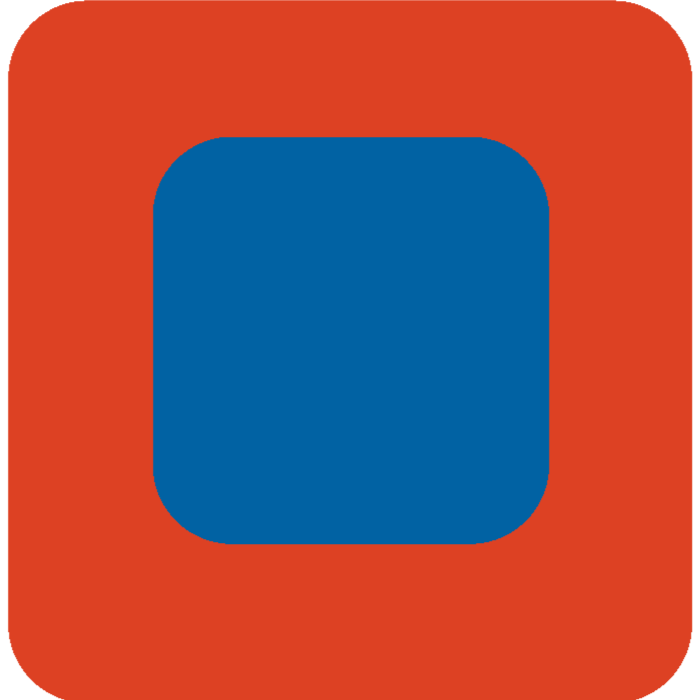 A logo with a red background, a blue rounded square in the center.