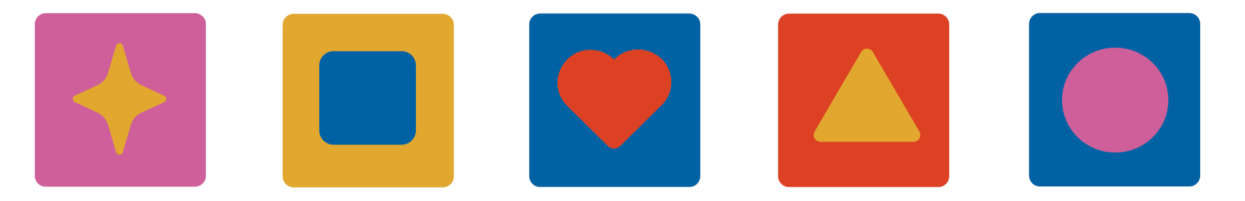 Five colorful cards with different shapes: a yellow star on a pink background, a blue square on a yellow background, a red heart on a blue background, a yellow triangle on a red background, and a pink circle on a blue background.