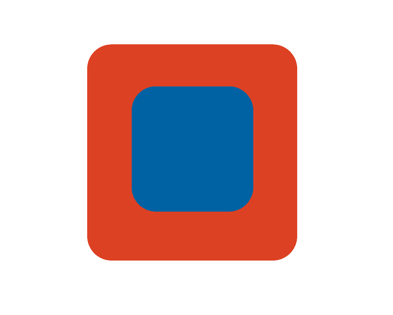 Red square with rounded corners, containing a smaller blue rounded square in the center.