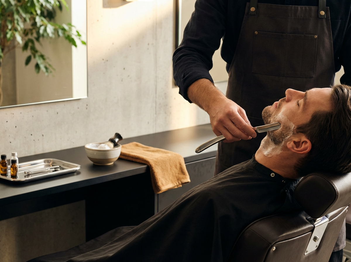 Man receiving a shave with a straight razor at a barbershop.