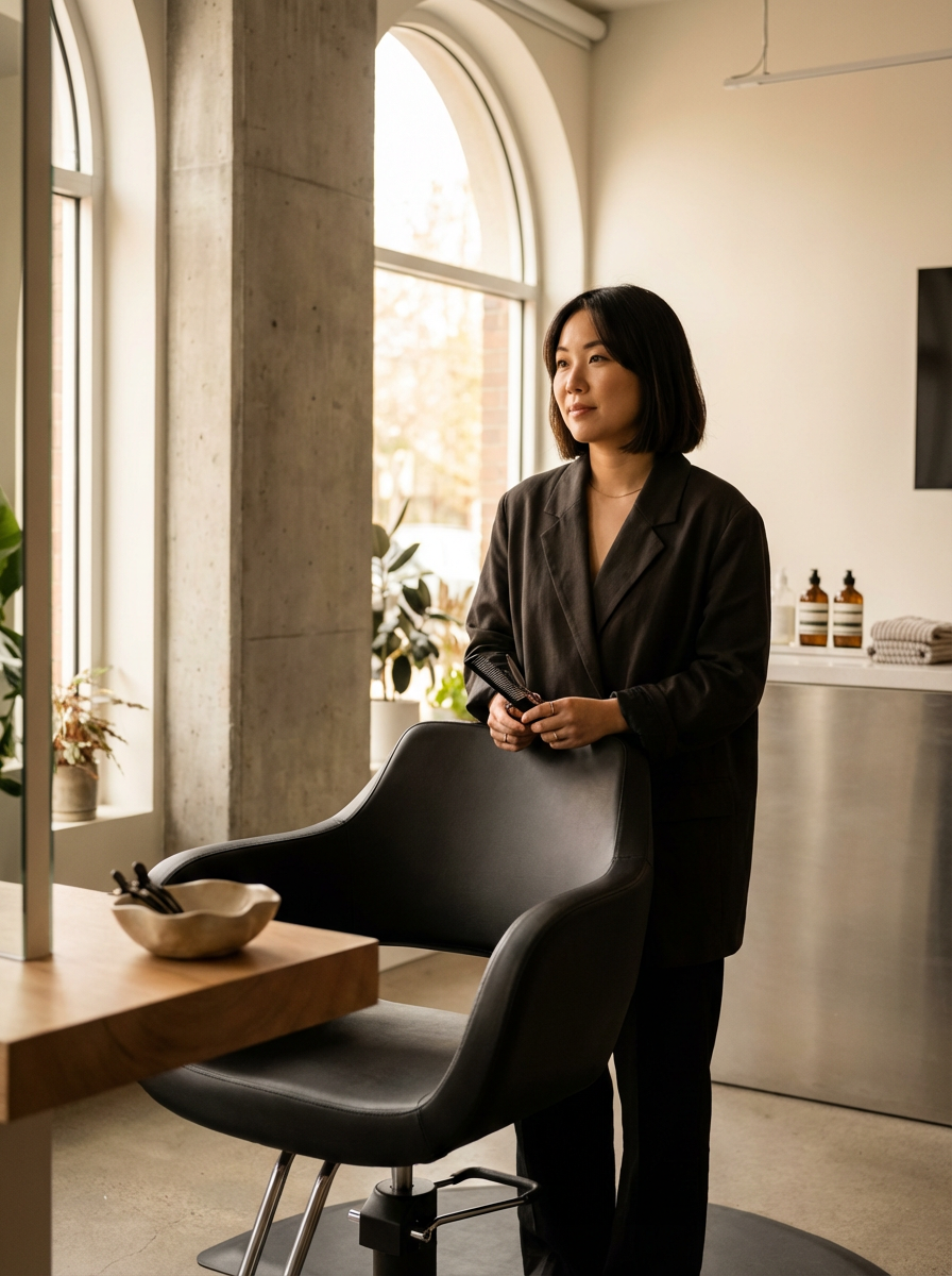 A woman in a dark blazer standing in a modern, well-lit room near a wooden table and black chair, with large arched windows and indoor plants visible in the background.