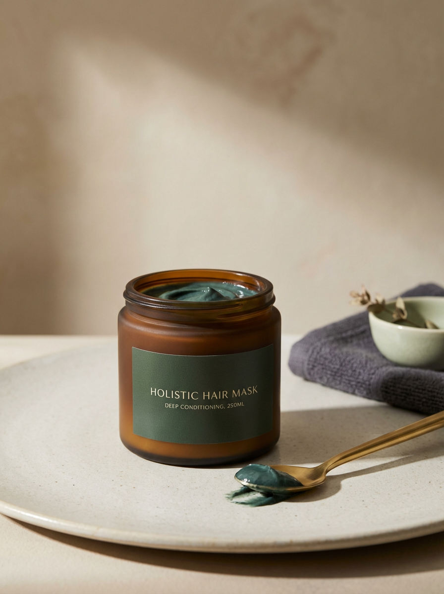 A brown jar of holistic hair mask with green substance inside, placed on a white round plate with a gold spoon containing some of the mask, next to a gray cloth and a small bowl in the background.