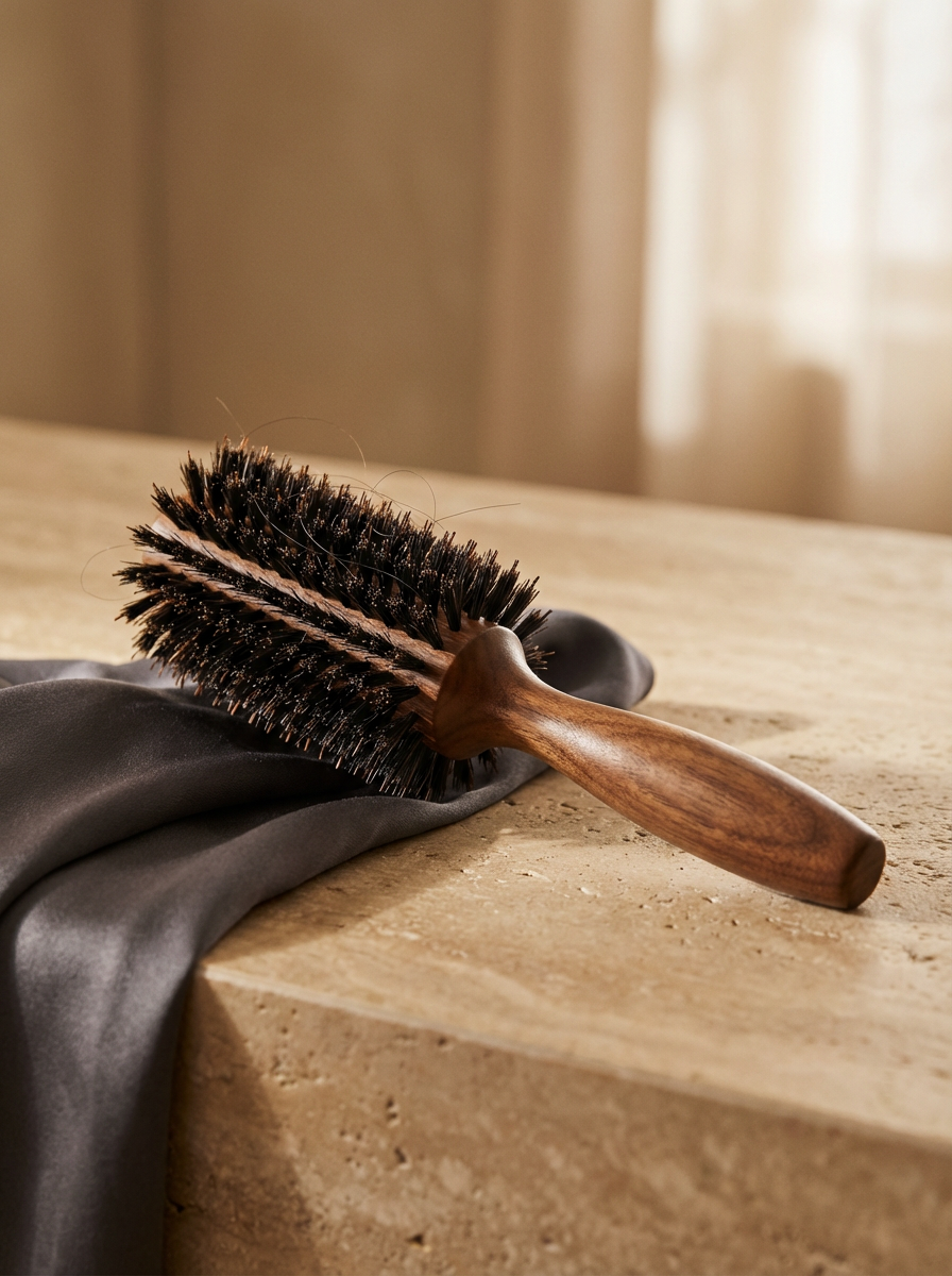 A hairbrush and a black cloth on a wooden surface with a light-colored curtain in the background.