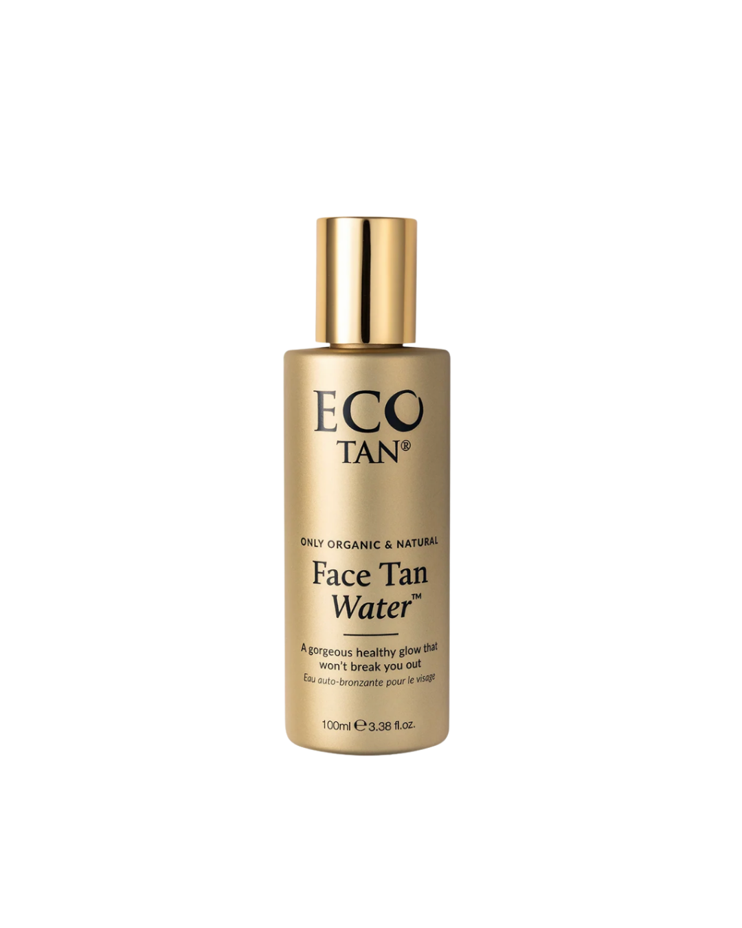 Beauty and tanning tips. Bottle of Eco Tan Face Tan Water, natural and organic self-tanning product with a gold cap and beige label.