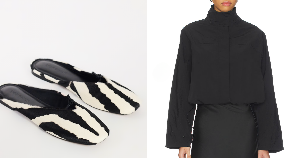 A free downloadable collage of various clothing items and footwear from different brands, each labeled with brand and price.
