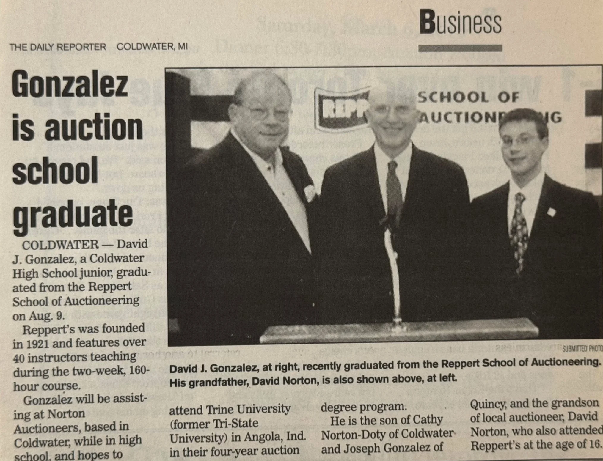 Newspaper clipping celebrating David Gonzalez’s graduation from Reppert School of Auctioneering.