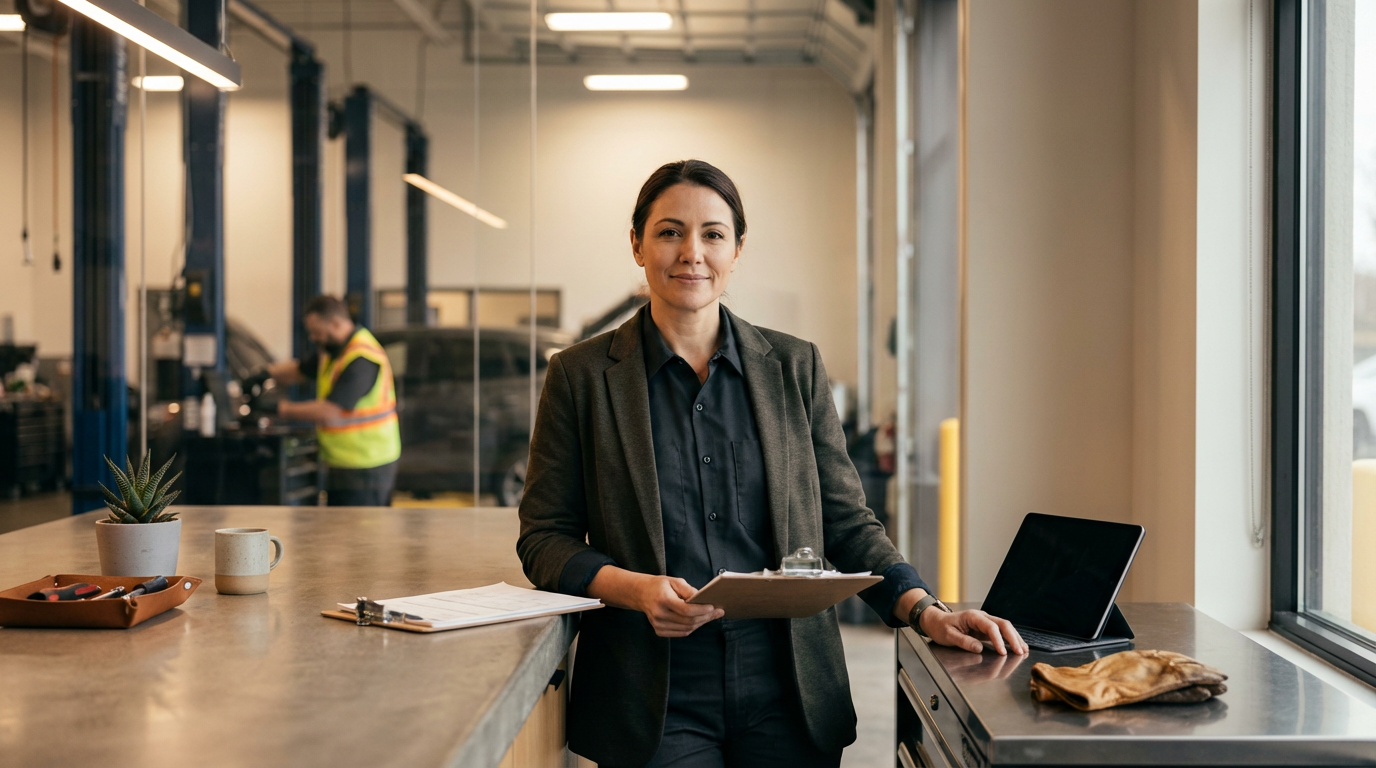 A professional woman standing at a counter in an industrial-style workspace, holding a clipboard and smiling at the camera. There is a laptop, a pair of work gloves, and a cup on the counter, with a man in a reflective vest working in the background.