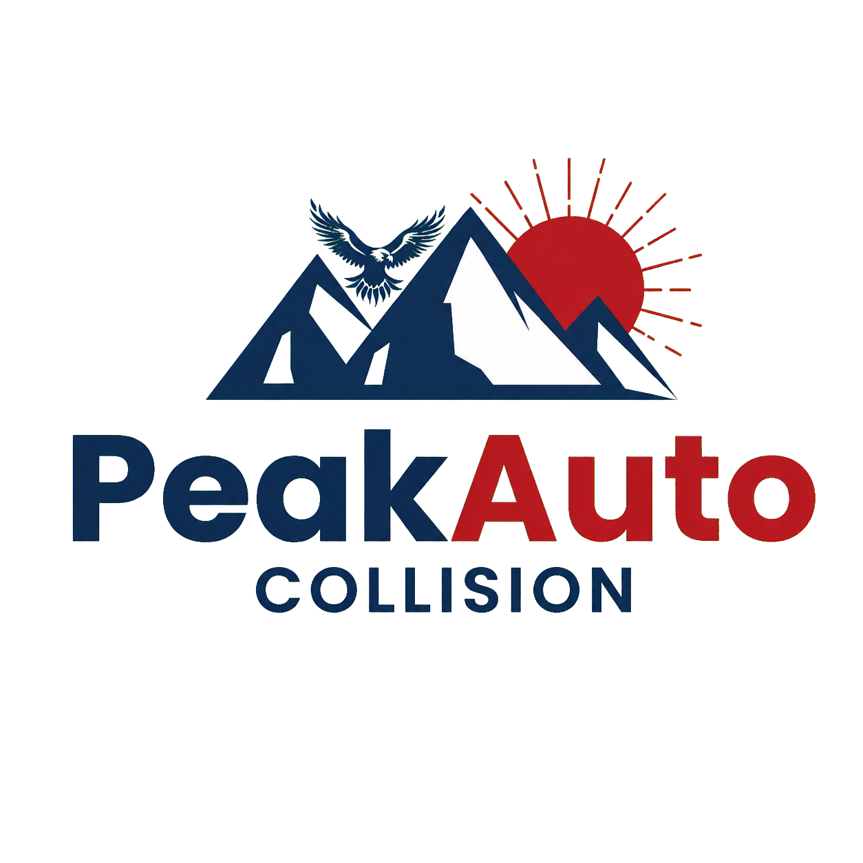 Logo of Peak Auto Collision featuring a mountain with a bird, a red sun, and the company name in blue and red text.