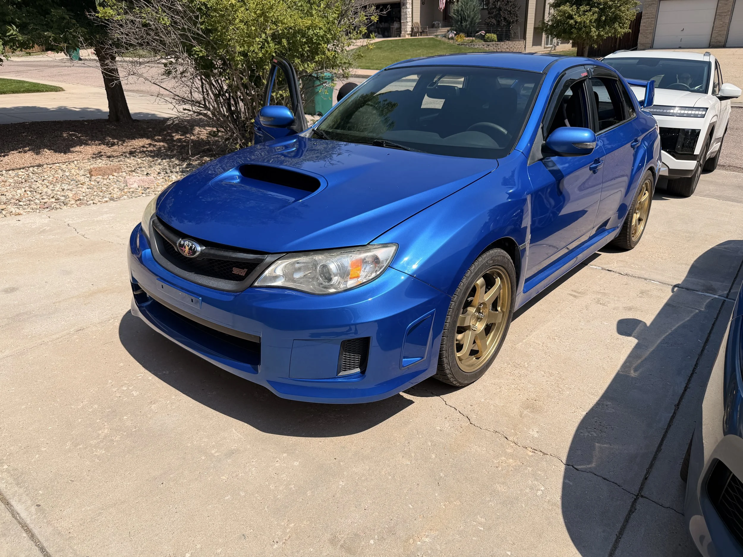 A blue Subaru race car with gold wheels parked in a driveway, with a white truck behind it in front of houses and trees.