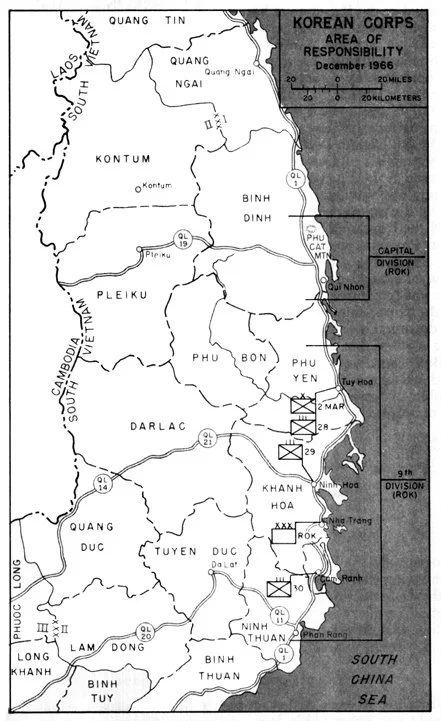 Map of the Korean War in December 1966 showing the area of responsibility for the Korean Corps, with divisions marked along the eastern coastline of South Korea near the South China Sea, including locations such as Phu Cat, Quang Ngai, Quang Tin, and others.