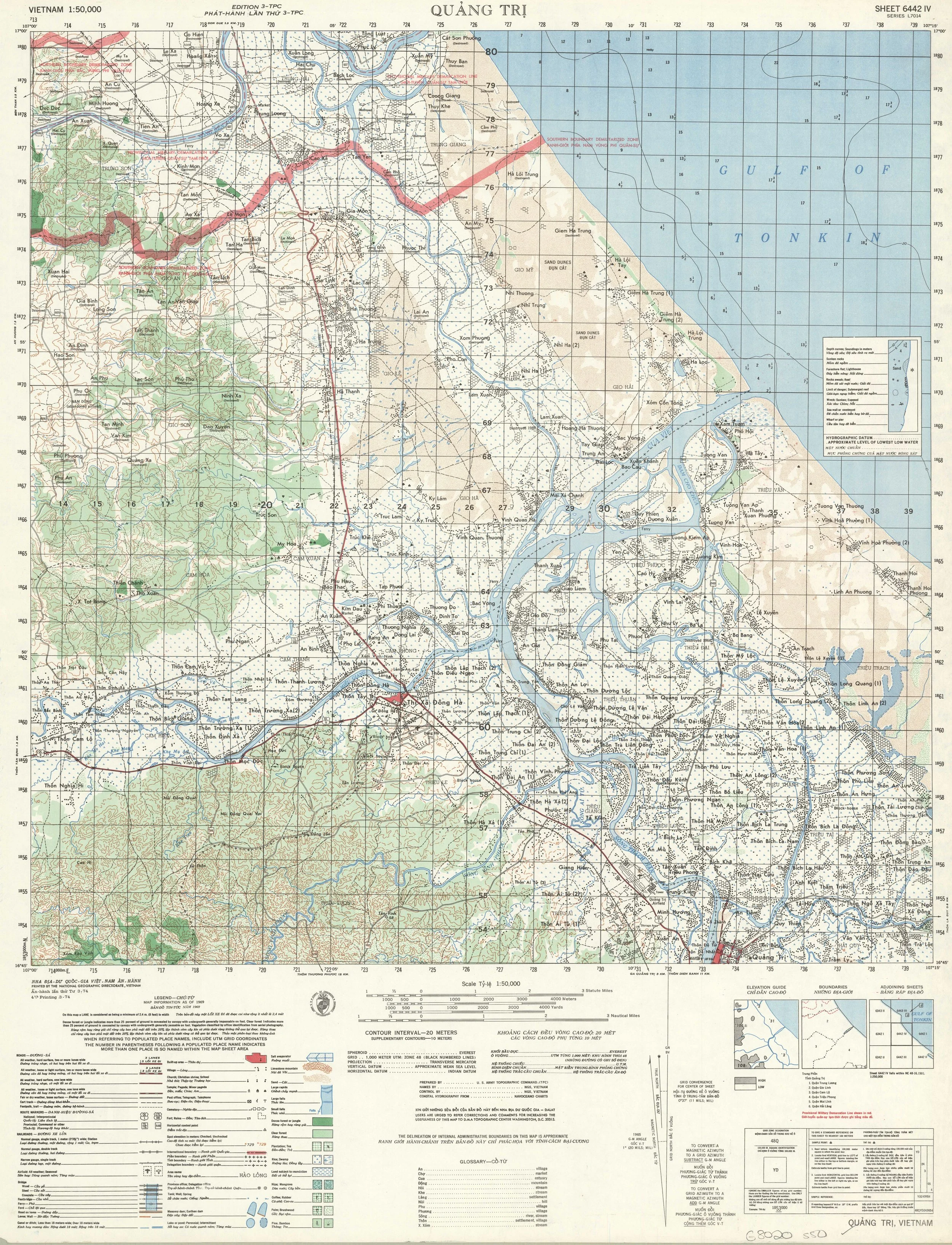 Detailed map of Quang Tri, Vietnam, showing rivers, roads, terrain, and settlements, with a blue ocean to the east.