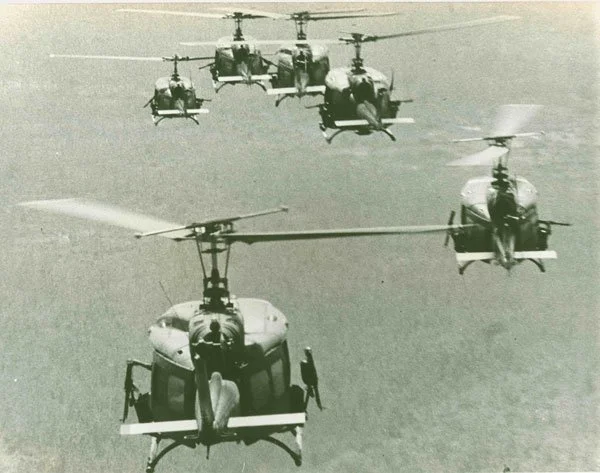 A formation of nine helicopter gunships flying in a V-shape pattern over open terrain, with the lead helicopter in the foreground and others in the background and to the sides.