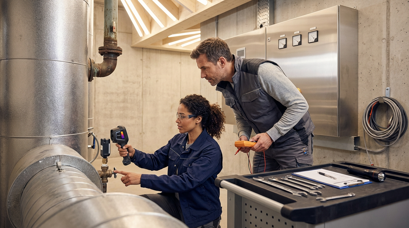 Two technicians working on large industrial pipes; one is holding a thermal camera, the other is using a multimeter.