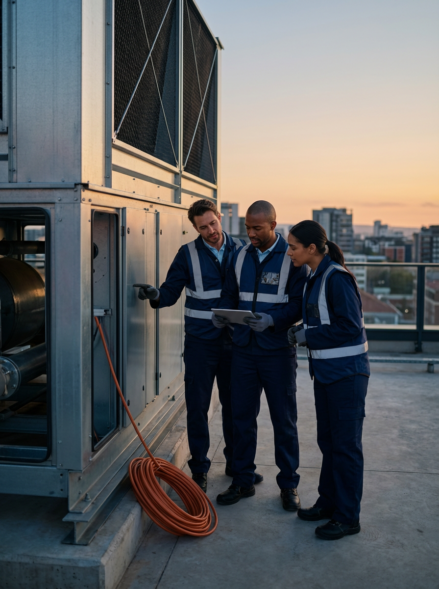 Three technicians in navy uniforms collaborating on a tablet on a rooftop near large HVAC units, with city buildings and a sunset sky in the background.