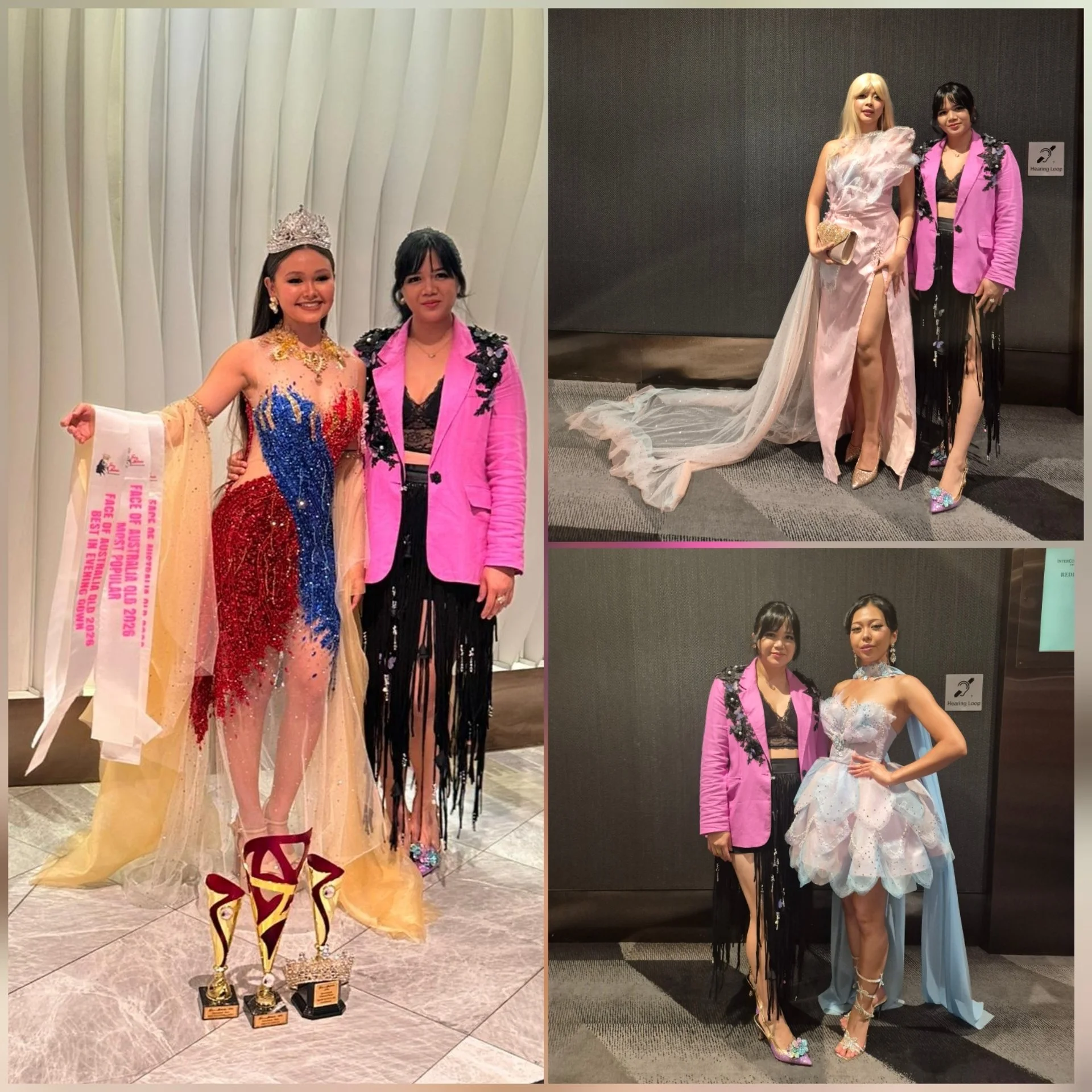 Two women posing together in elegant outfits, one wearing a pink jacket and black skirt, the other in a pink gown with a train, standing against a dark background and a white curtain.