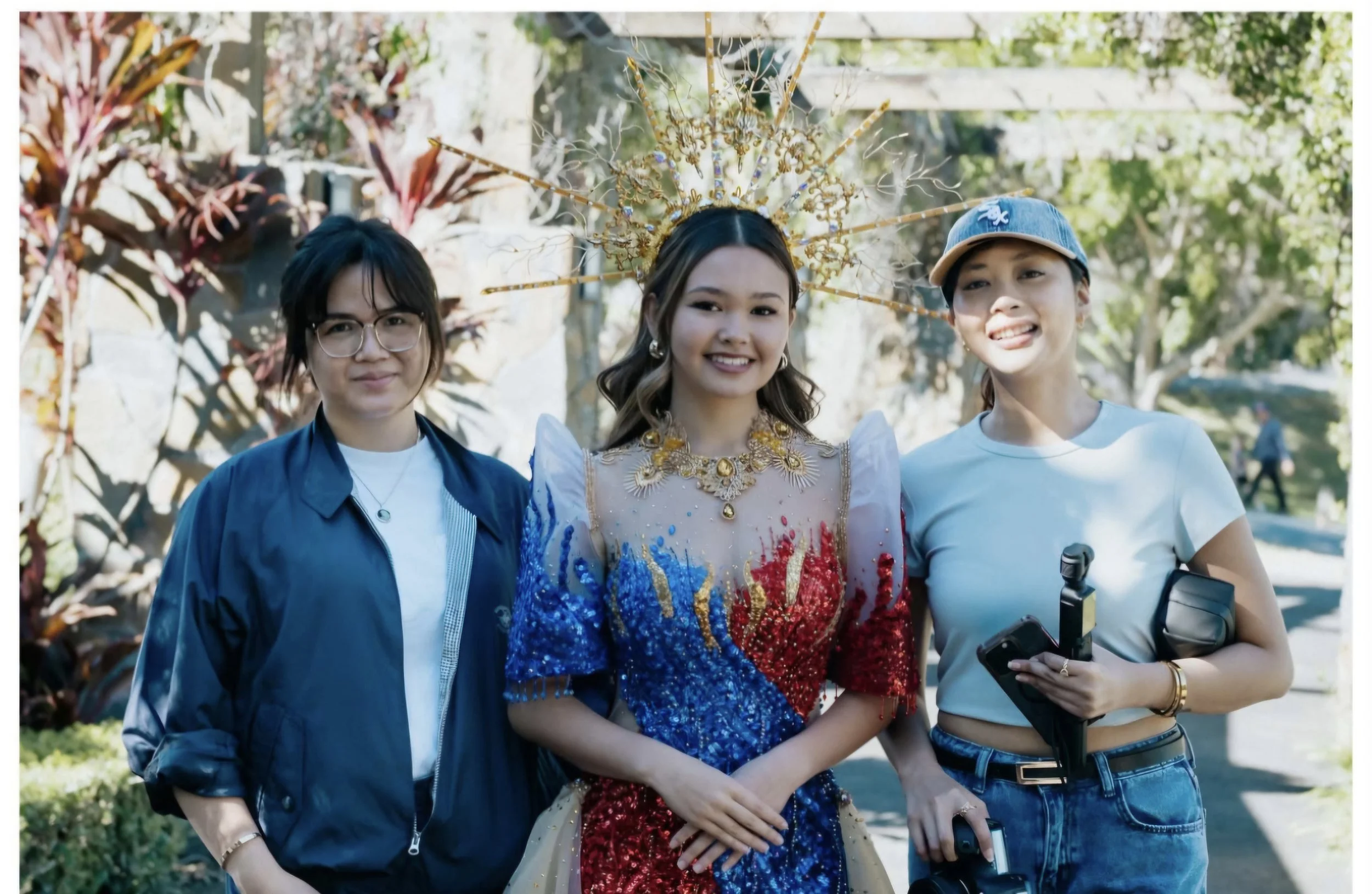Three young women standing outdoors on a sunny day. The woman in the middle wears an ornate golden crown and a decorative dress with multicolored embroidery, smiling at the camera. The woman on the left has black hair and wears glasses, a blue jacket, and a white shirt. The woman on the right wears a baseball cap and a light-colored t-shirt, holding a camera and a scooter handlebar. Trees and sunlight are visible in the background.