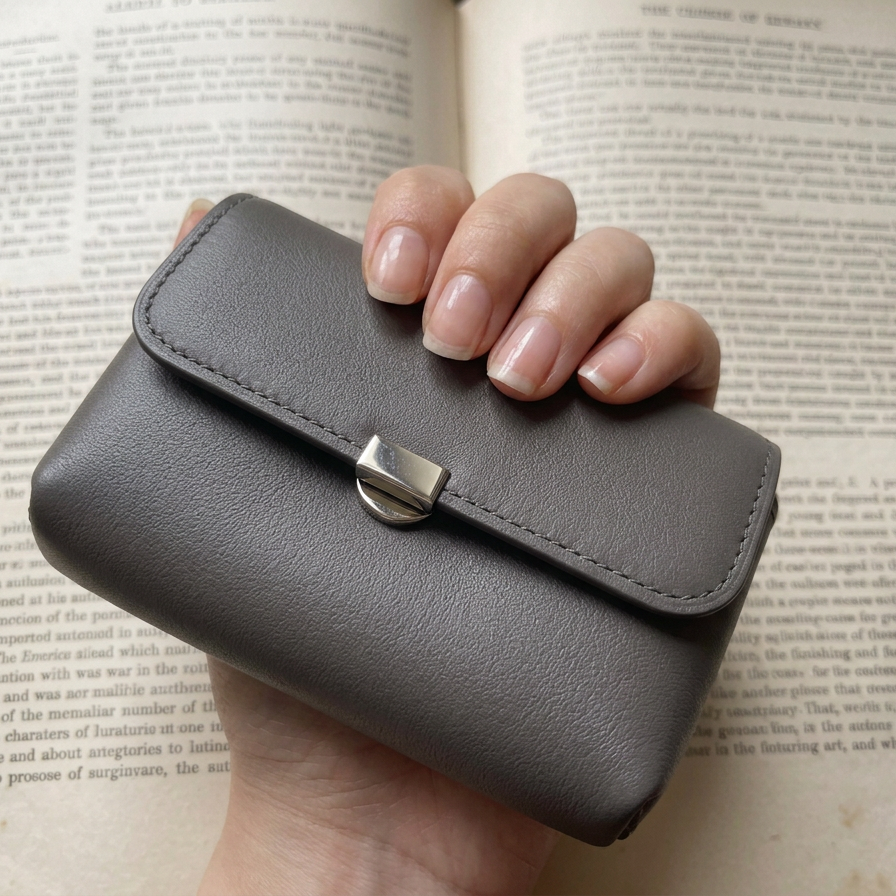 A hand holding a gray leather wallet above an open book with blurry text.