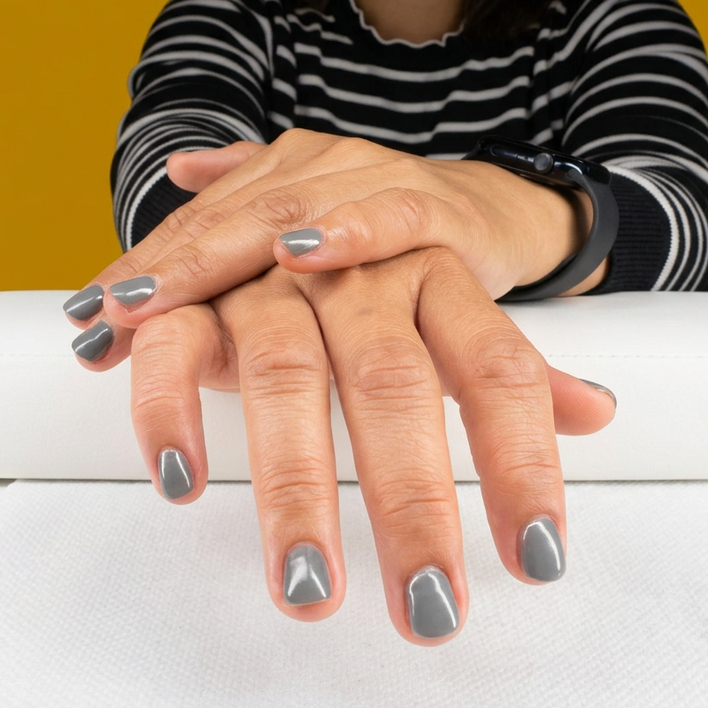 Close-up of a woman's hands with metallic gray nail polish resting on a white surface. She is wearing a black and white striped long-sleeve shirt and a black wristband.