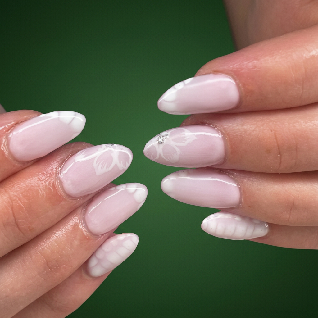 Close-up of manicured fingernails with white floral nail art and small rhinestone accents, held against a green background.