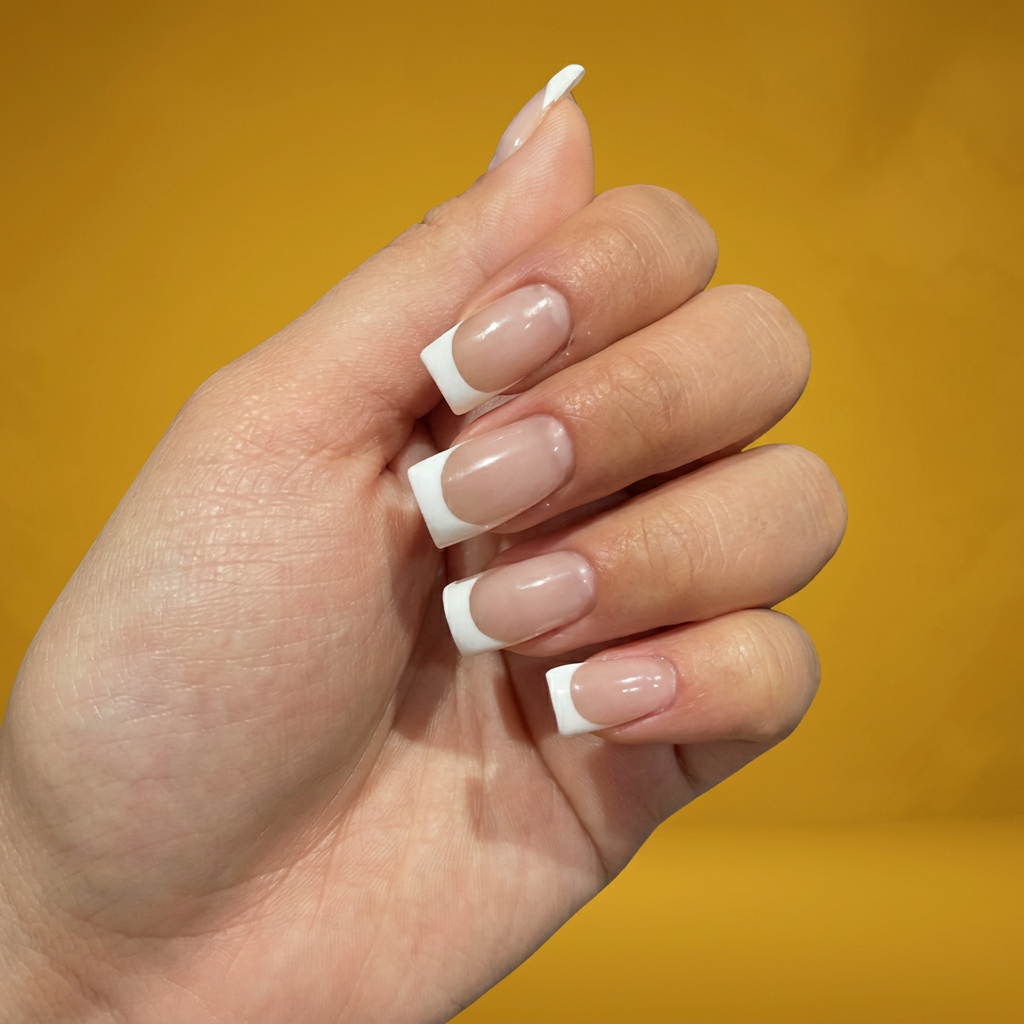 Close-up of a hand with manicured nails featuring a French tip design, set against a yellow background.
