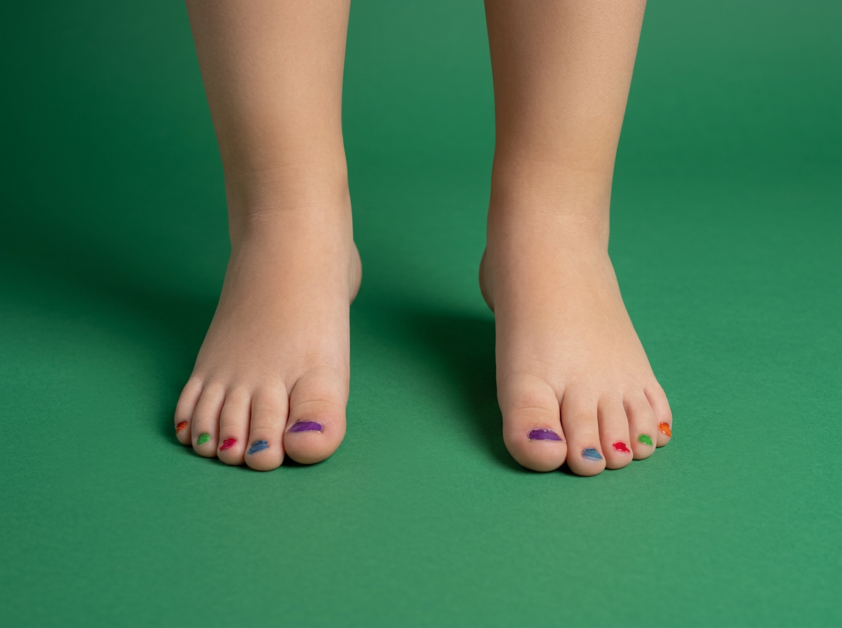 Close-up of child's bare feet with rainbow-colored nail polish on toes, standing on a green surface.