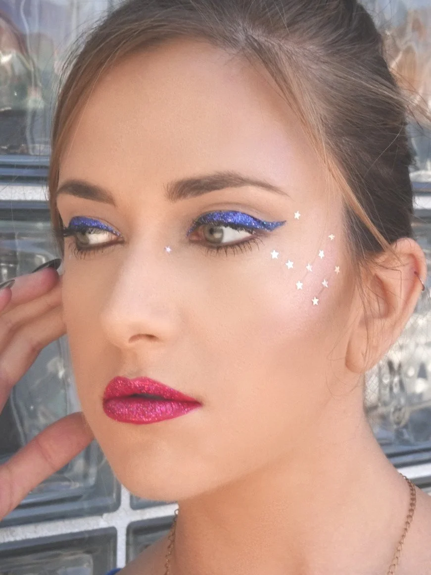 Red, White and Blue makeup for July 4th with Blue Glitter Wing Liner
