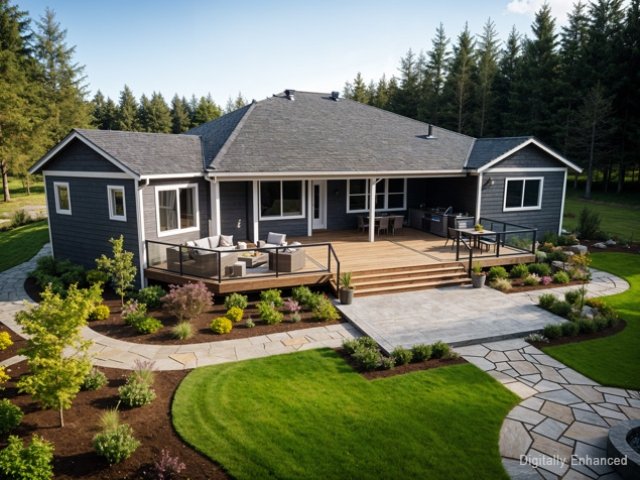 A modern house with a large wooden deck, outdoor furniture, and a landscaped yard with green grass and flowering plants, surrounded by trees.