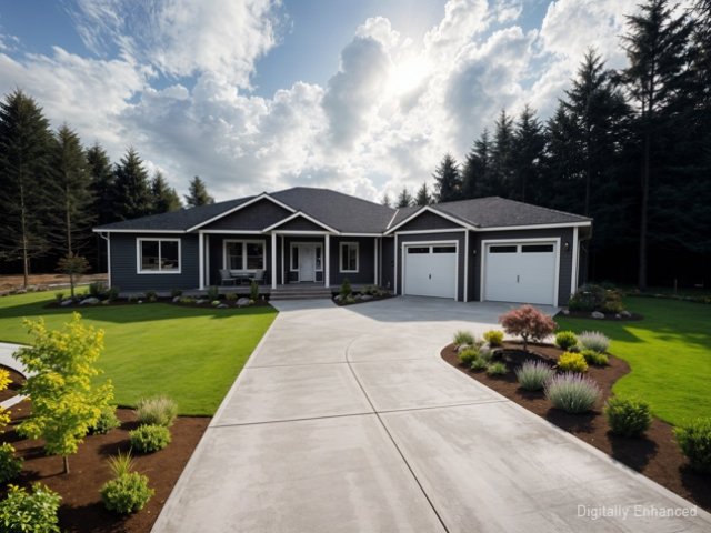 Modern single-story house with a two-car garage, surrounded by manicured lawn and landscaped garden beds, with a cloudy sky above.