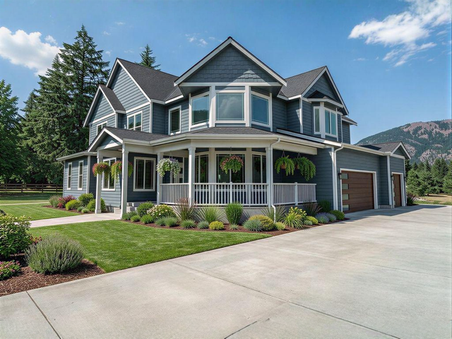 A large, blue, two-story house with a wraparound porch and hanging flower baskets. The house features multiple gabled roofs and a attached garage, surrounded by a well-maintained lawn and landscaped garden, with tall trees and mountains in the backgr