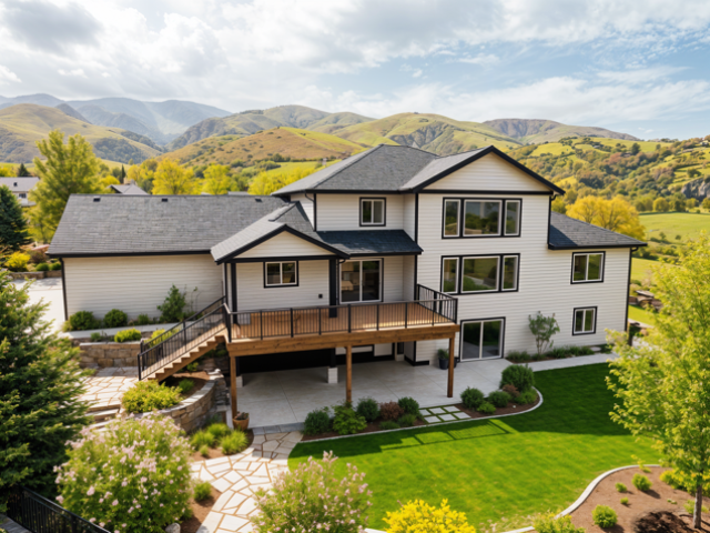 Modern two-story white house with a large wooden deck, surrounded by a landscaped yard with green grass and shrubs, overlooking mountainous terrain and a partly cloudy sky.