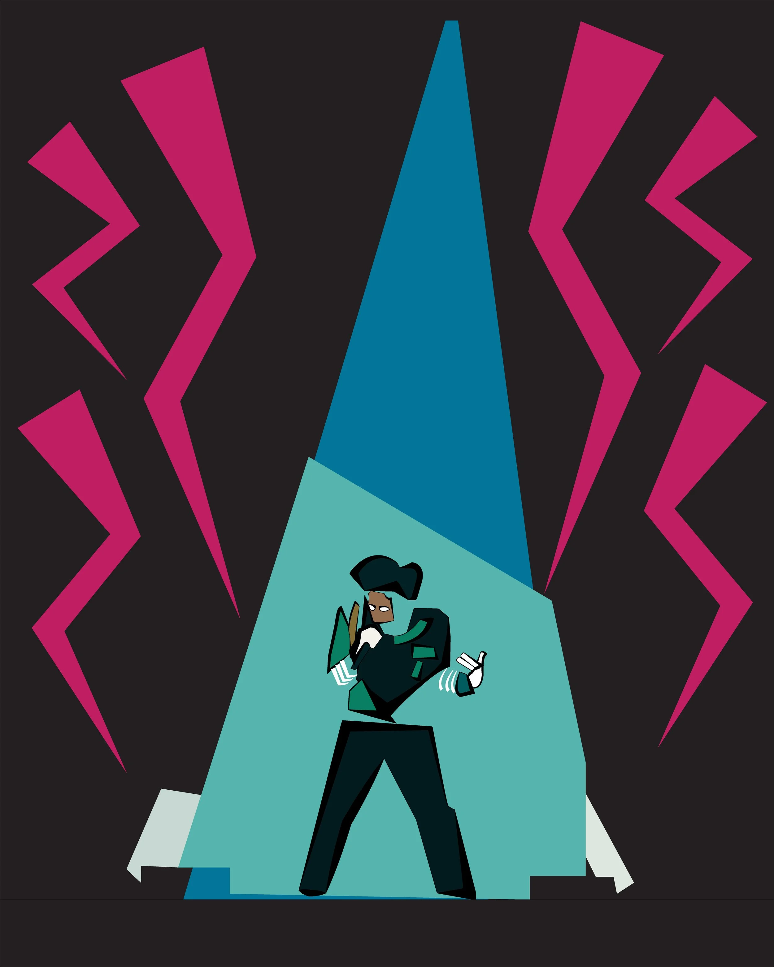 Stylized animated performance of Tyler the Creator standing in a dramatic pose with a spotlight shining down, surrounded by pink and purple lightning bolts against a dark background.