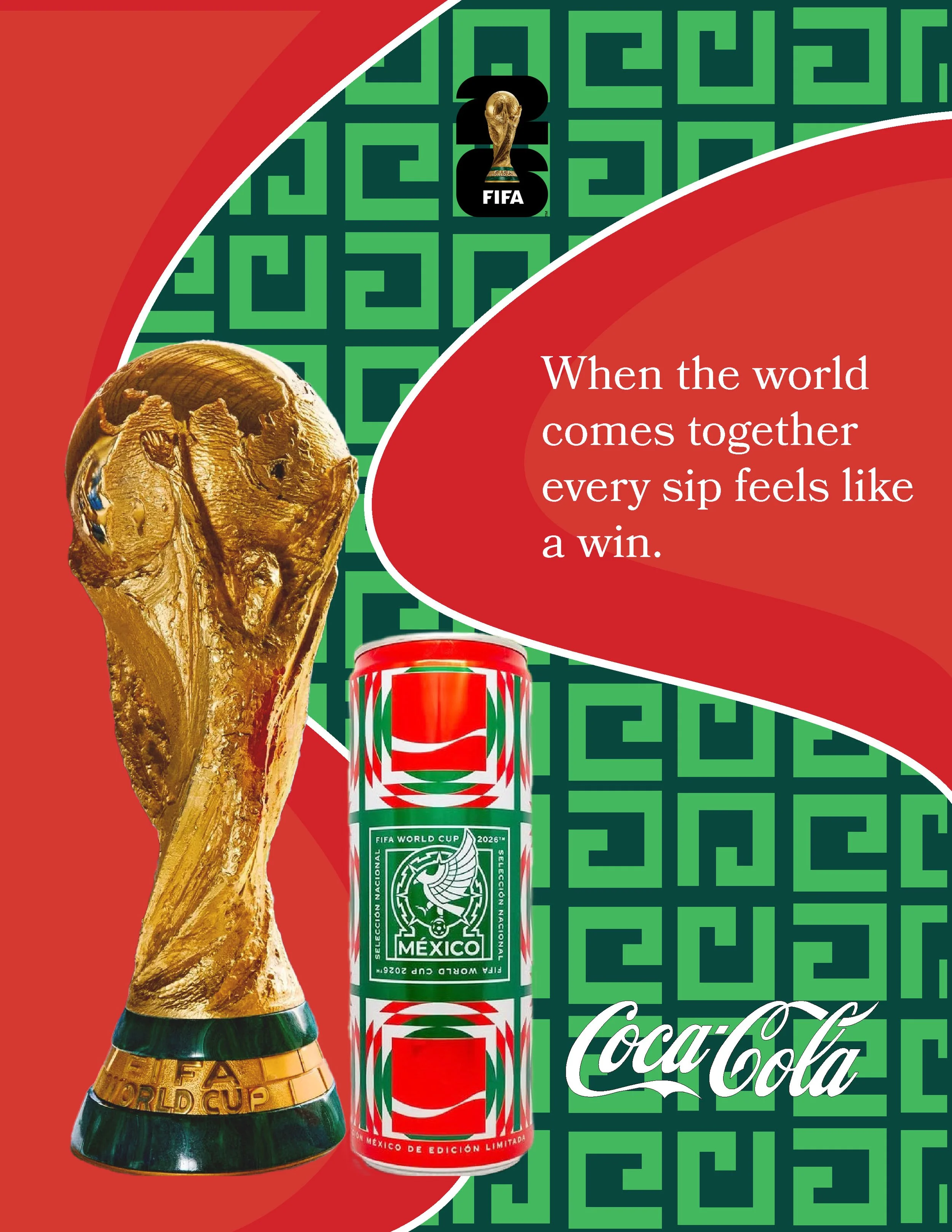 An illustration of the FIFA World Cup trophy with a Coca-Cola can, celebrating the tournament held in Mexico in 2026.