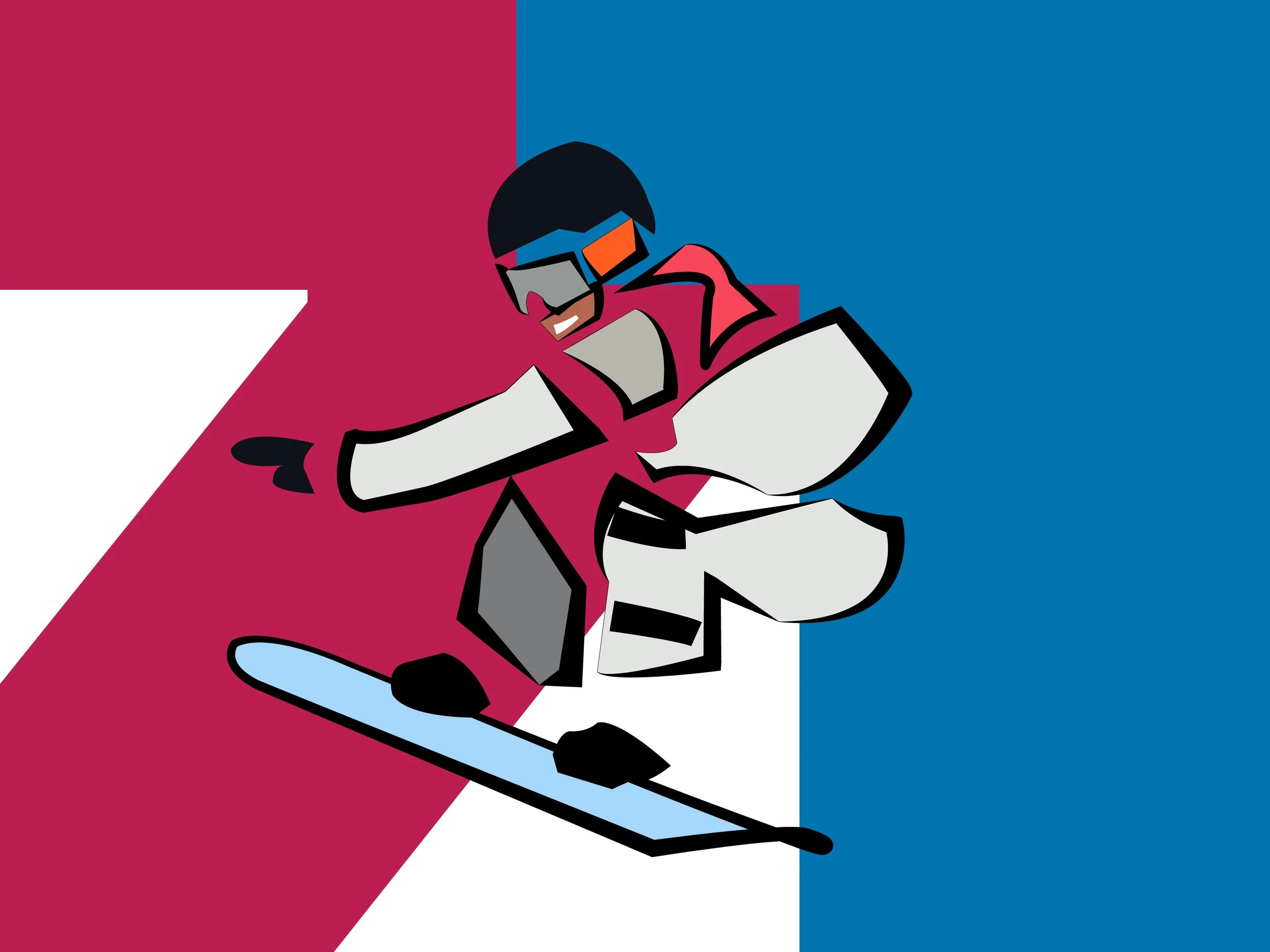 A colorful abstract illustration of a snowboarder wearing a pink jacket, black helmet, and goggles, riding on a white snowboard with a blue edge, against a background split into red and blue sections.