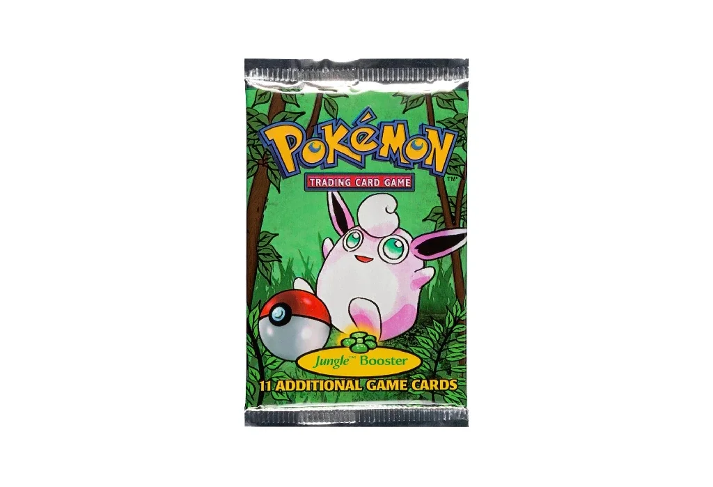 A Pokémon trading card game booster pack featuring a pink and white creature with purple ears and a swirl on its forehead, set against a green jungle background with trees and leaves.