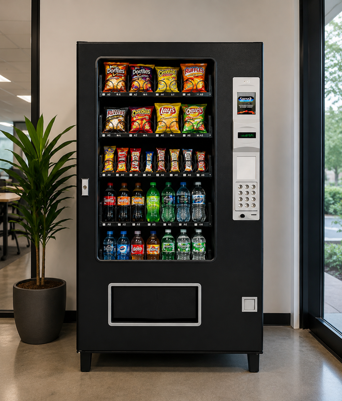 Vending machine with snacks and drinks next to a potted plant in a modern office setting.