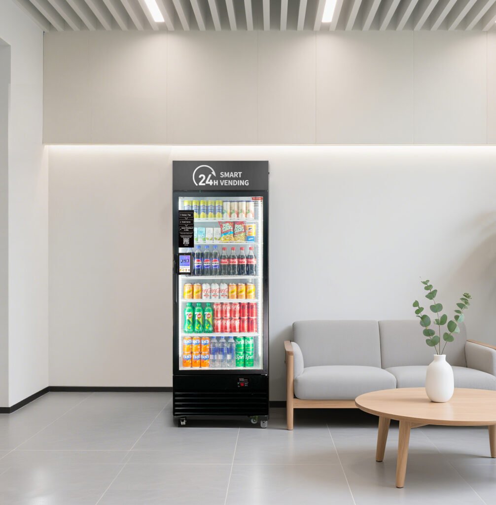 A vending machine with assorted beverages, a light-colored sofa, a round wooden table with a white vase holding green leafy branches, and a white wall with ceiling lights.