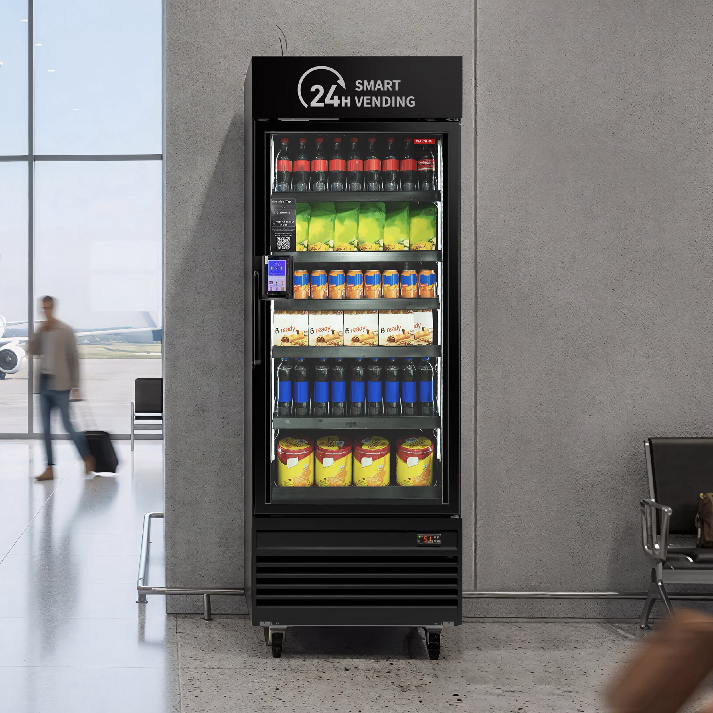 A vending machine offering beverages and snacks, with a sign above indicating 24-hour smart vending, located beside a window and a gray concrete wall in an indoor setting.