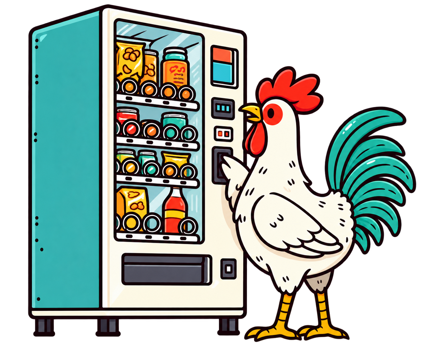 A cartoon chicken standing next to a vending machine filled with snacks and drinks.