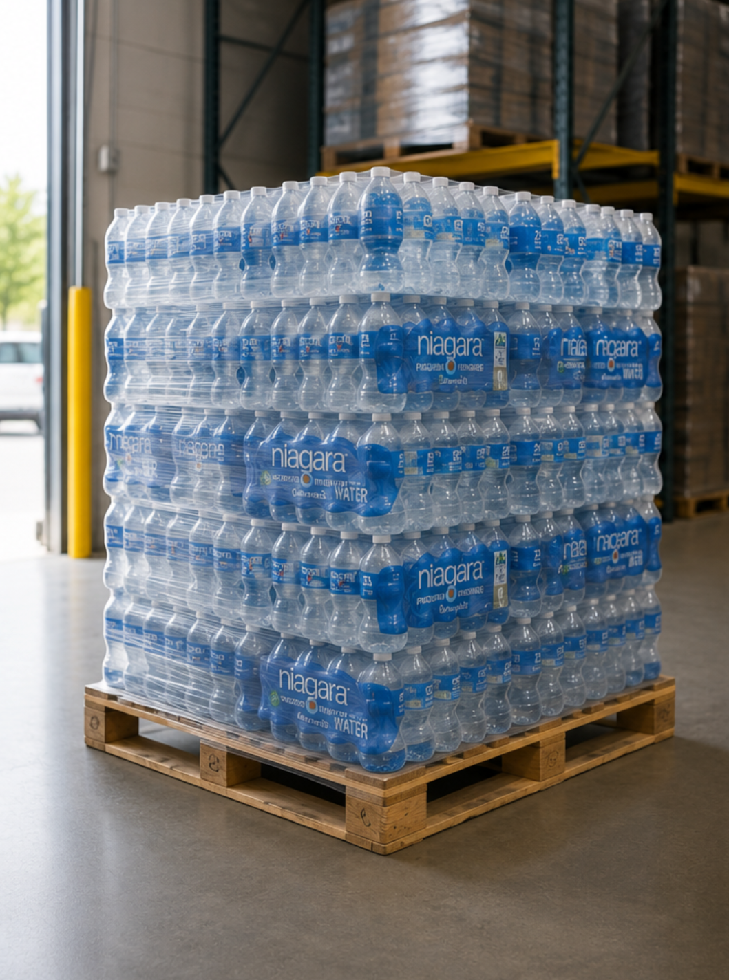 A pallet of Niagara brand bottled water stacked in a warehouse.