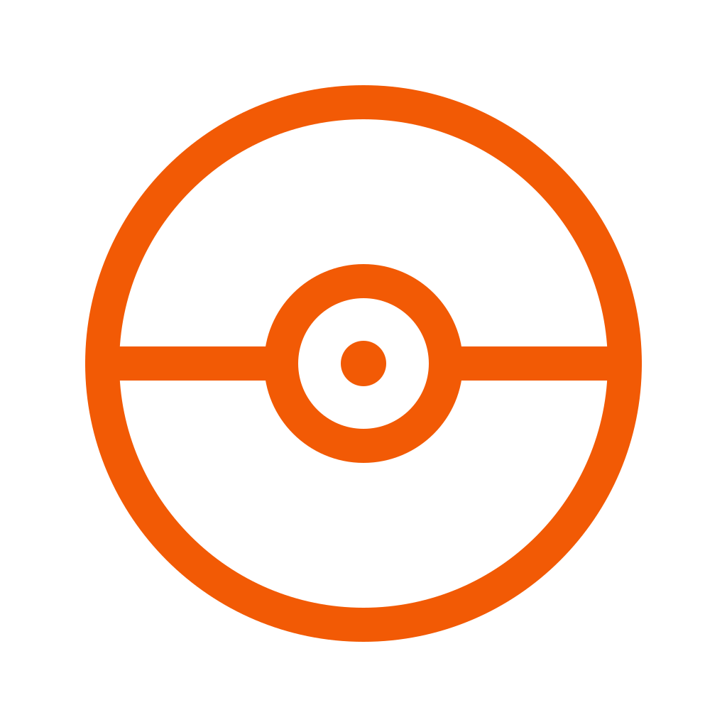 An orange graphic of a Poké Ball from the Pokémon series, with a black background.