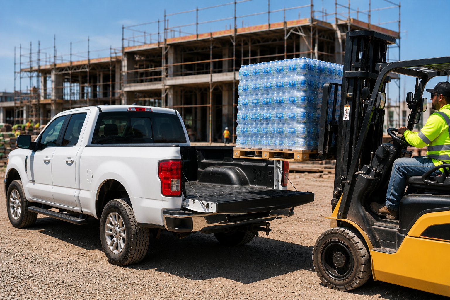 A construction site with a white pickup truck receiving a pallet of bottled water from a forklift driven by a worker in a yellow safety vest and cap.