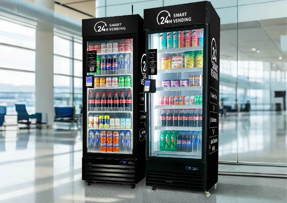 Two vending machines in an airport, stocked with drinks and snacks, with signs indicating 24-hour service.