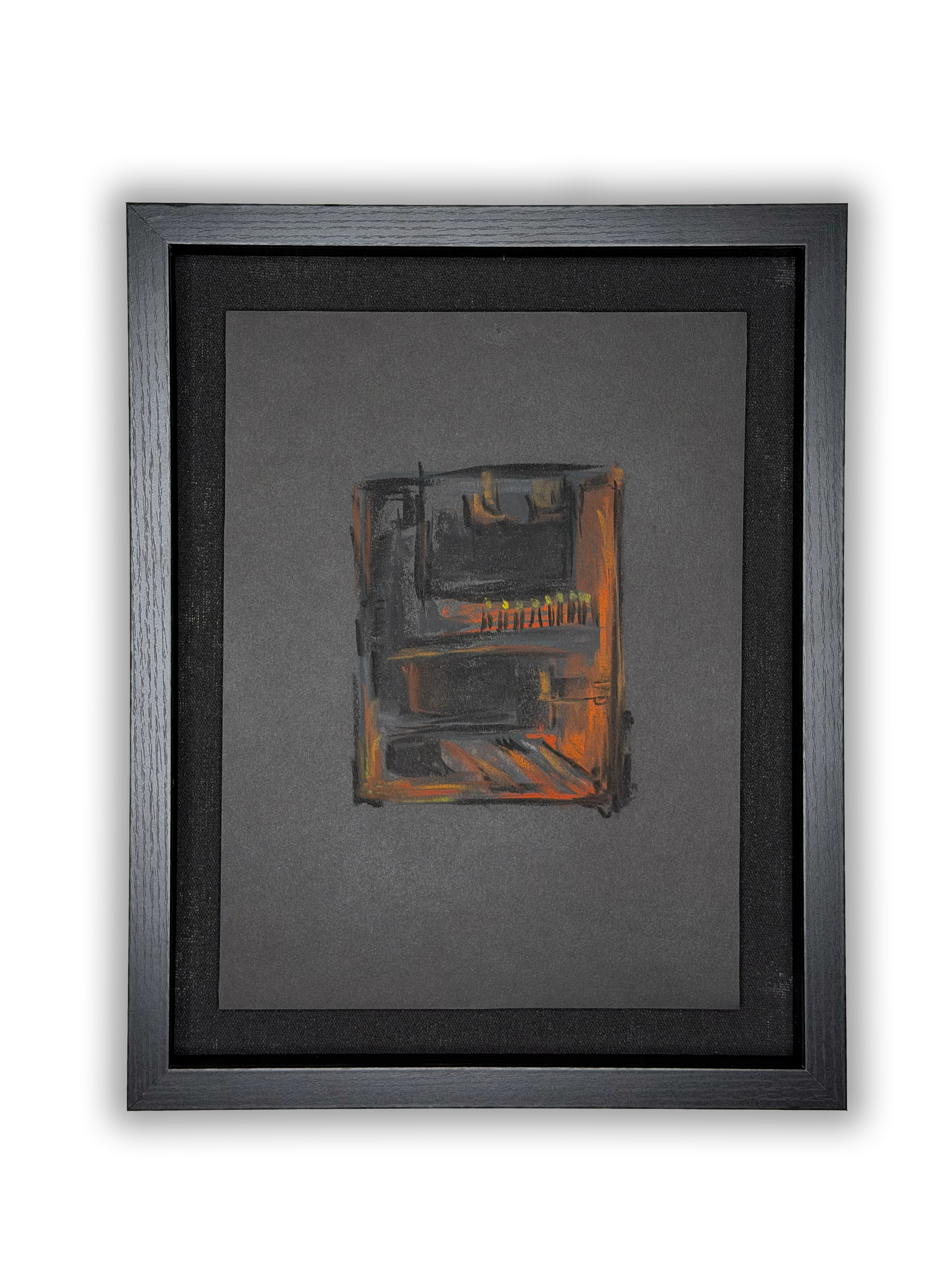 A framed painting of a fireplace with orange and yellow flames, set against a plain background.