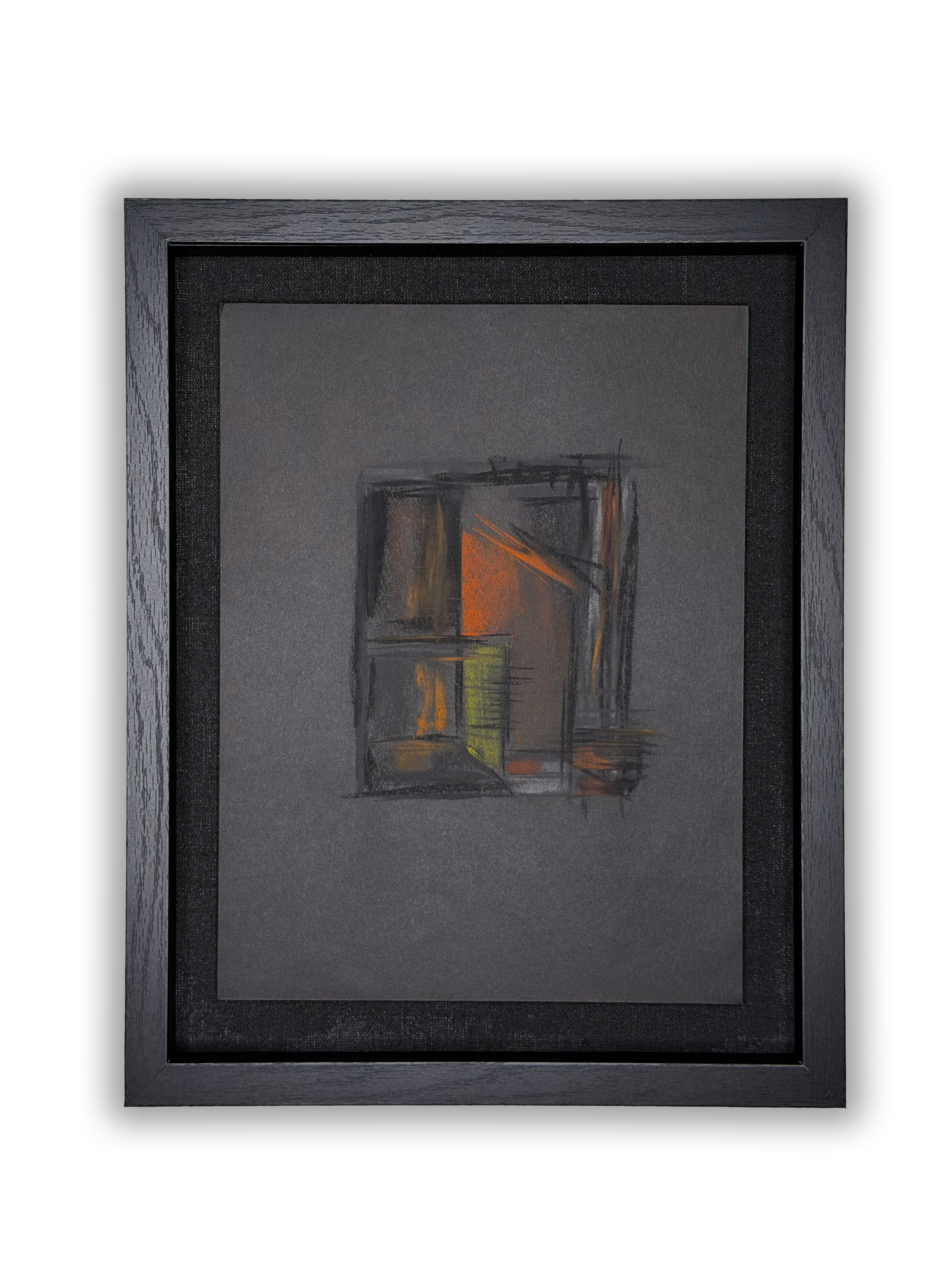 Framed abstract artwork with dark mat and a composition of geometric shapes with orange, yellow, black, and gray colors
