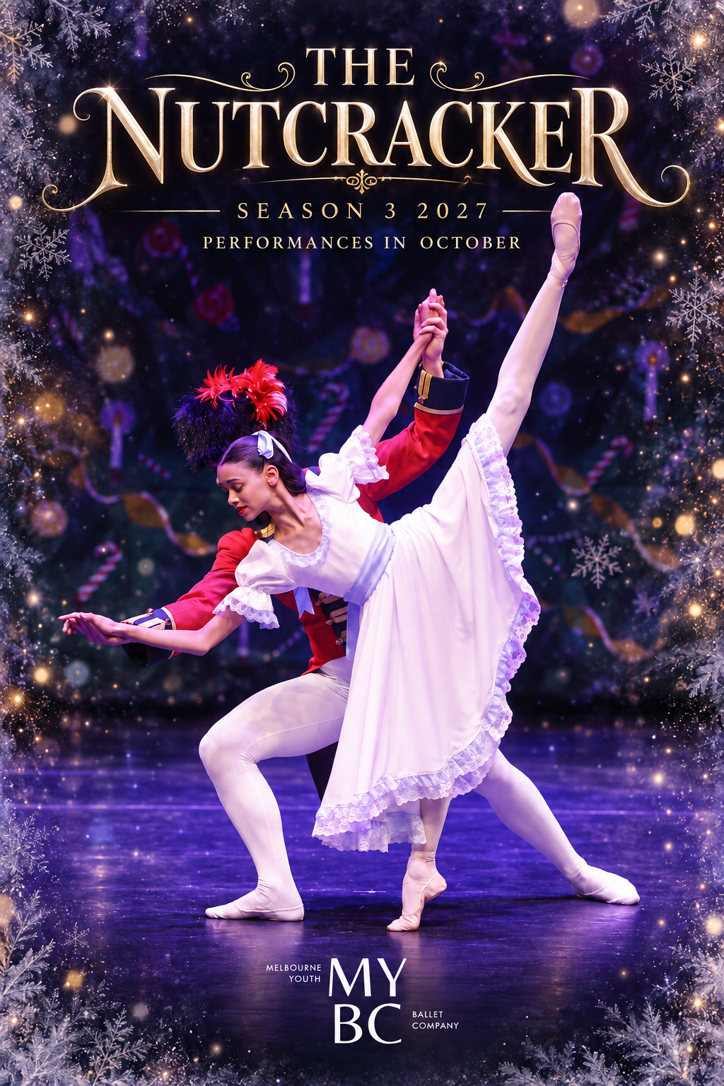 The Nutcracker 2027 season poster: two ballet dancers framed by snowflakes on a magical purple stage.