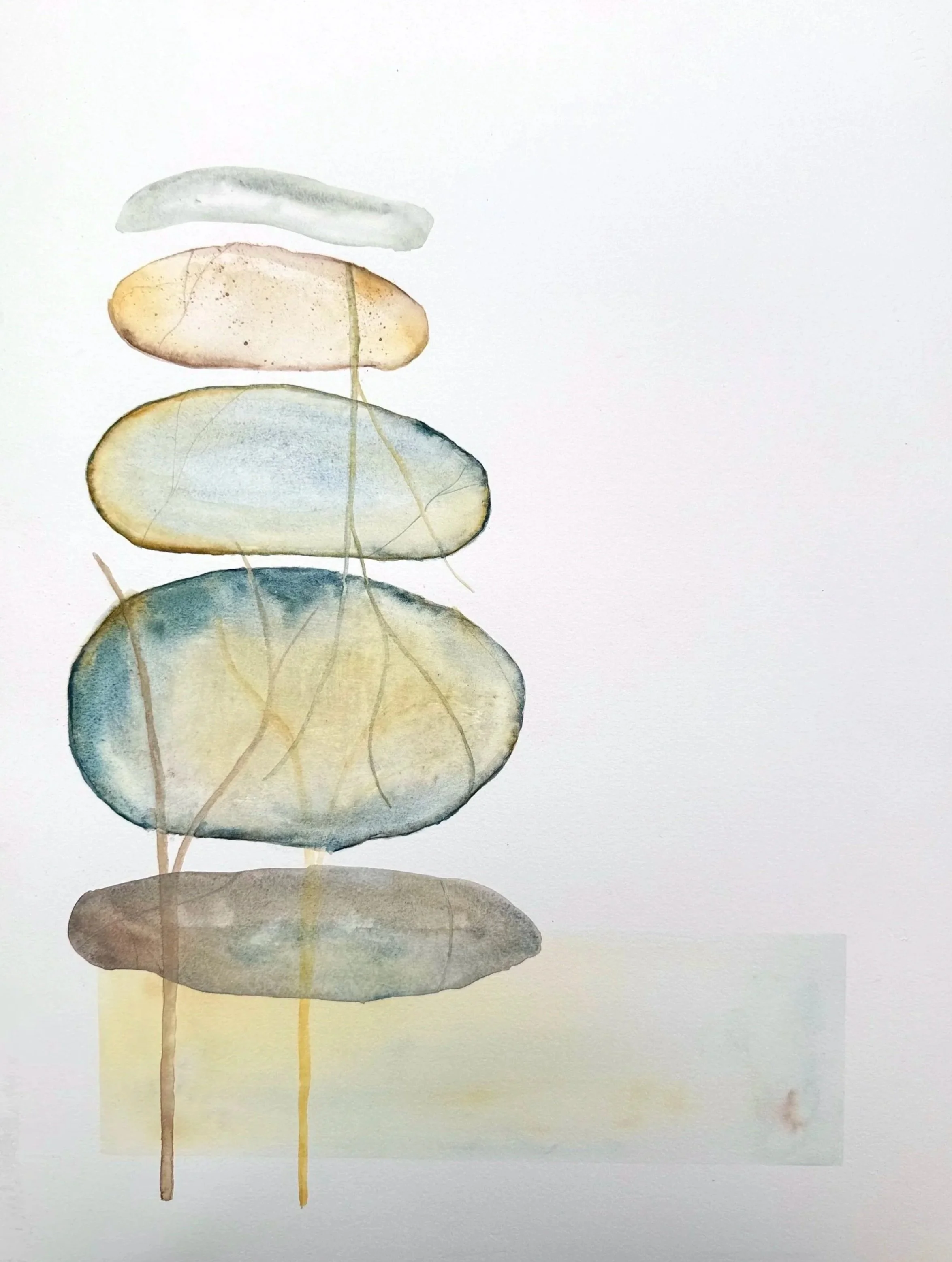 Watercolor painting of a stack of seven smooth, rounded stones in soft pastel shades, aligned vertically.