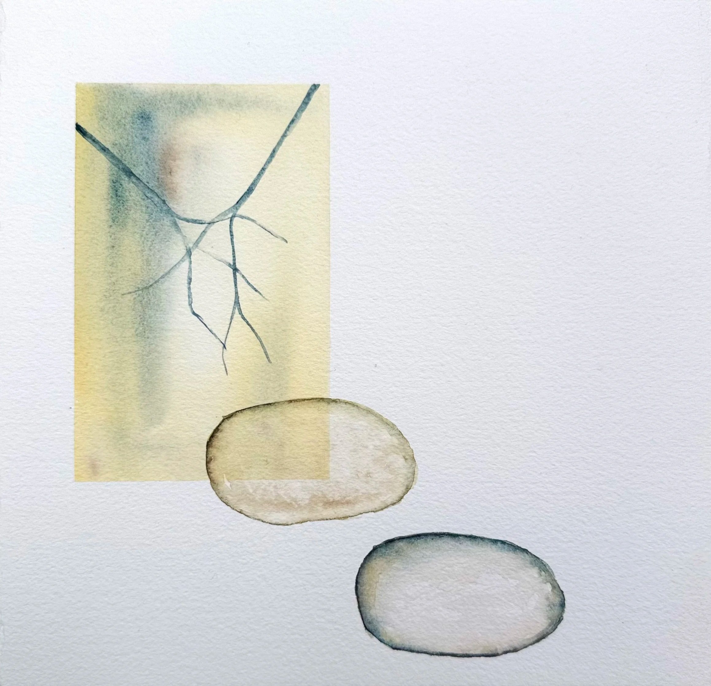 Watercolor painting of five circles and two lines with a watercolor rectangle in the background.