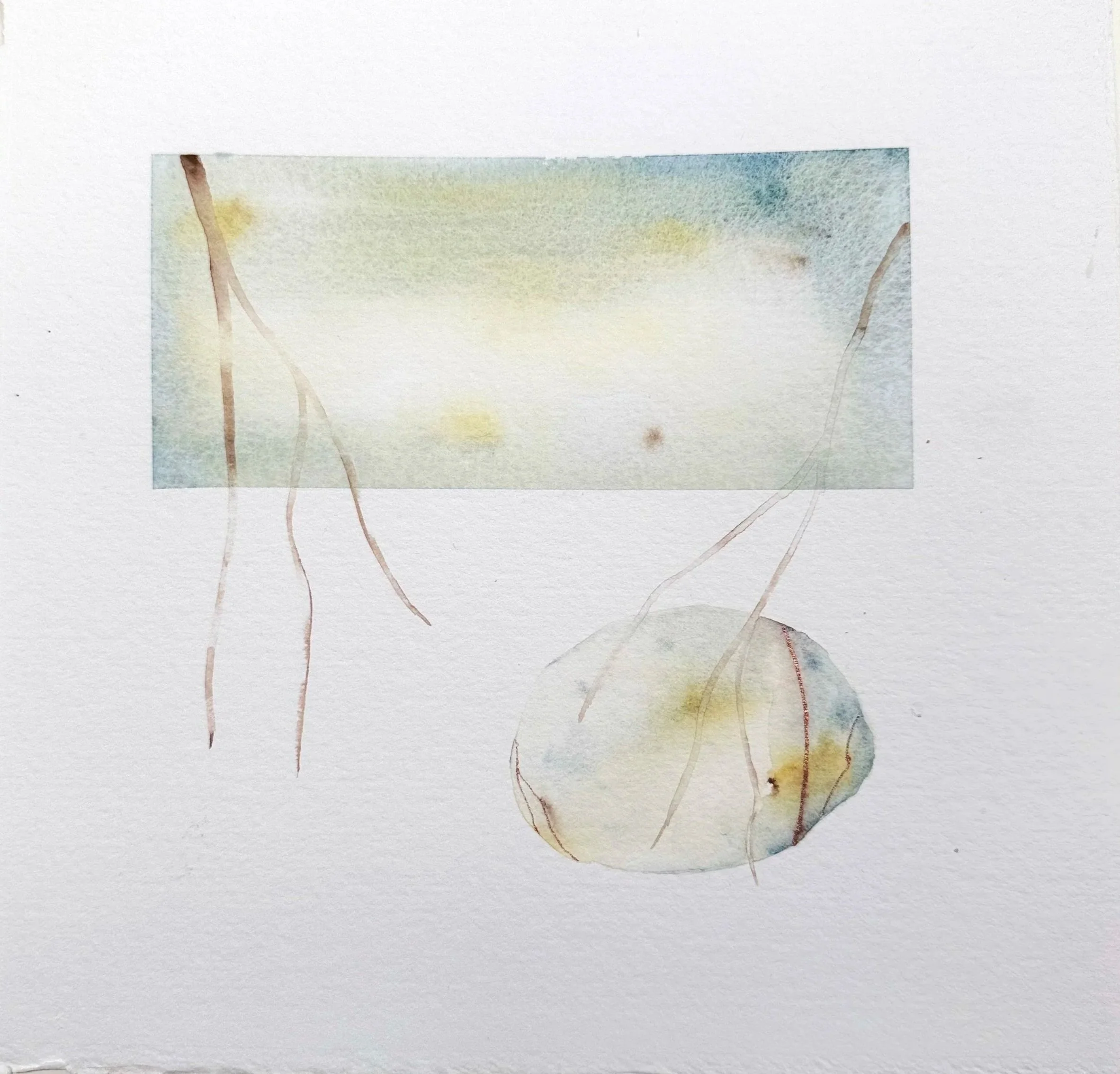 A watercolor painting featuring soft pastel hues of yellow, blue, and green with thin, delicate lines and subtle blending in a minimalist style.