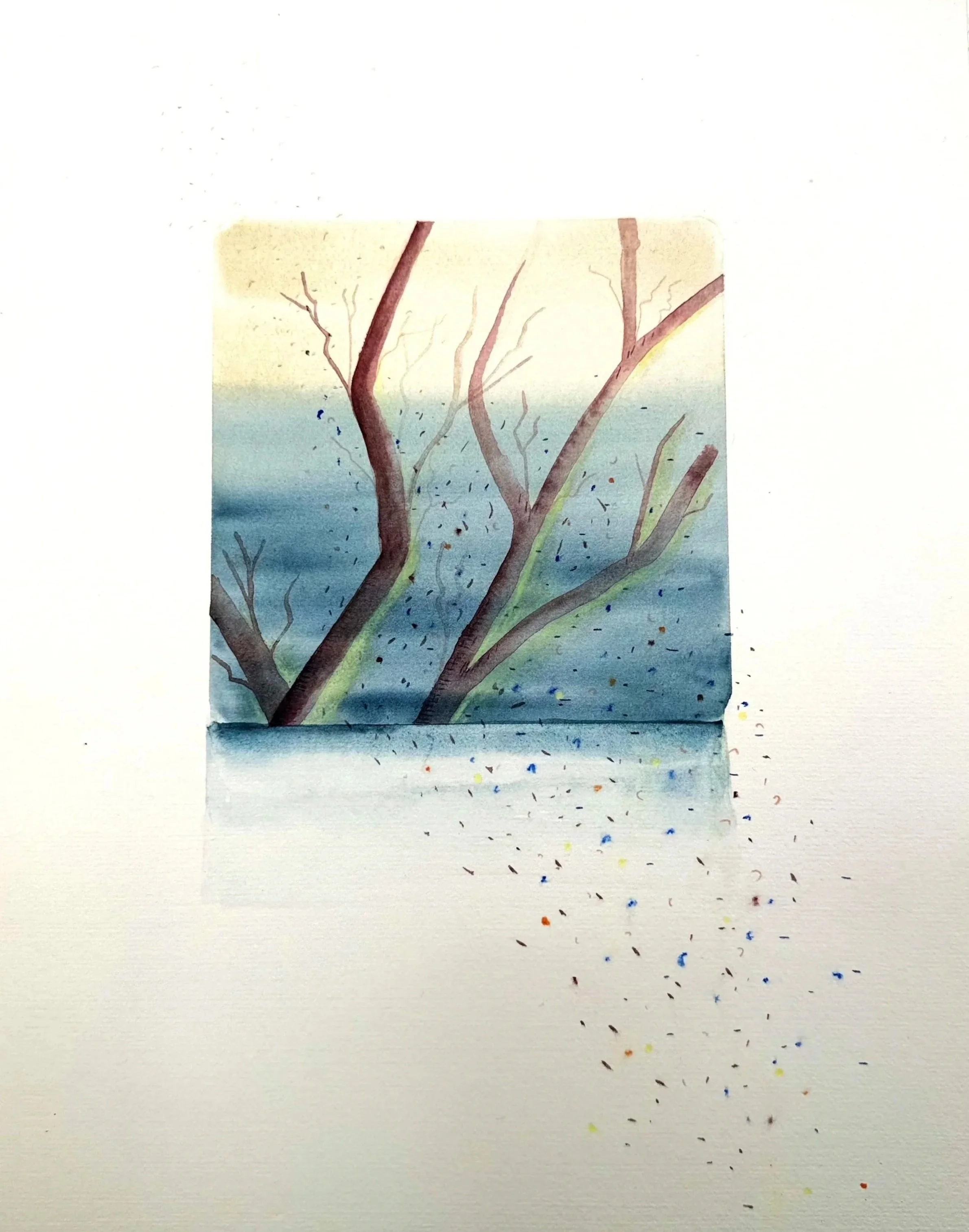 Watercolor painting of bare tree with multicolored speckles falling around it on a background that transitions from yellow to blue.