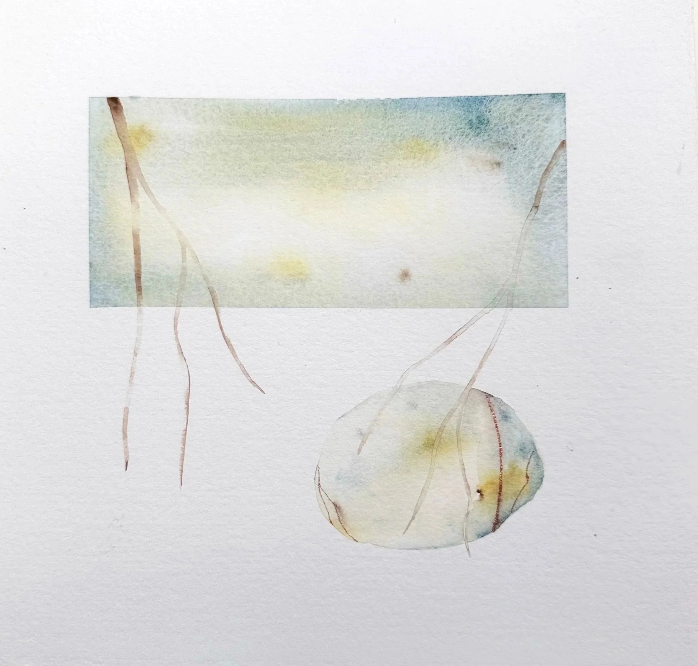 Watercolor painting with pale yellow, blue, and green hues, featuring abstract, elongated shapes and faint lines.